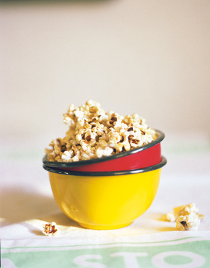 Yellow and red bowl of popcorn