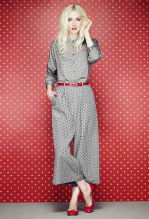 Celia Birtwell for Uniqlo - model wears grey polka dot jumpsuit