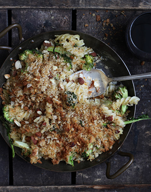 Baked mac and cheese with seasonal greens