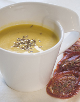 Carrot and Saffron Soup with Tomato Crisps post