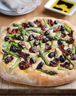 Focaccia with Asparagus, Olives and Sun Dried Tomatoes