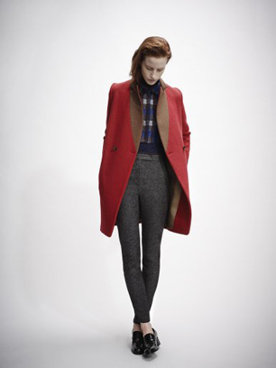 model wears red coat by o2nd