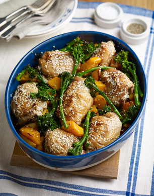 One-pan-roast-lunch-with-sesame-lemon-chicken-Tenderstem-and-butternut-squash-served-with-steamed-rice