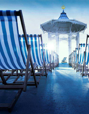 blue and white deck chairs and atrium