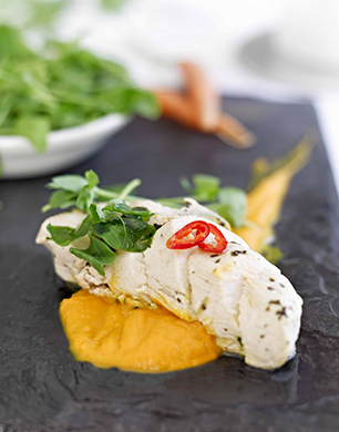 Poached chicken with carrot and ginger puree post