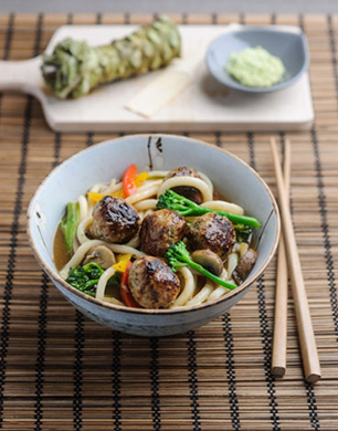 Pork Balls with Stir Fried Vegetables and Udon Noodles