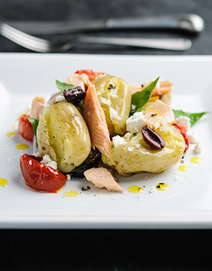 Smoked Trout with Potatoes, Black Olives, Tomatoes and Feta
