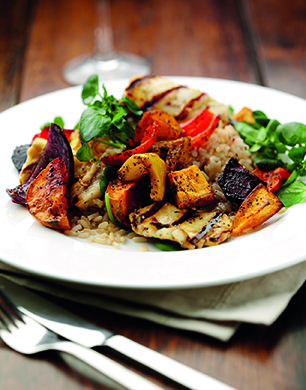 Tea roasted vegetables with brown rice and griddled halloumi Post