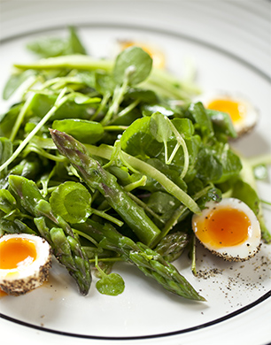 Marcus Bean’s Asparagus with peppered soft boiled quails egg’s, watercress and British wasabi dressing POST