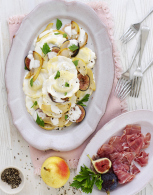 Gorgonzola & Crunchy Mellow Walnut Ravioli with Pears and Figs