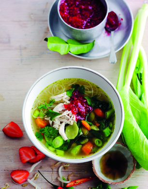 Chicken pho with sweet and sour strawberry sambal